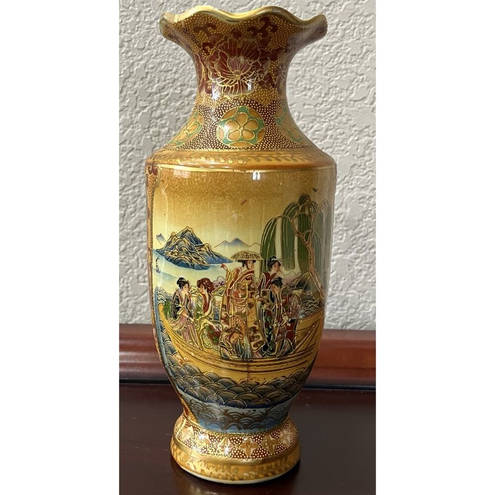 Vintage Japanese Satsuma Moriage Vase 10” Hand Painted Geisha Scene